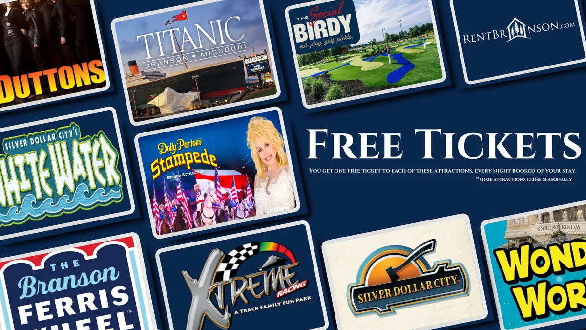 An interior shot featuring a vibrant display of attraction logos with prominent 'Free Tickets' text, suggesting easy access to local activities and entertainment. The visual energy communicates excitement and the promise of effortless exploration beyond the property.